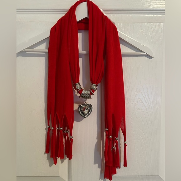Red Cotton T-Shirt Scarf with Rhinestone Heart Silver Tone Hardware - Picture 4 of 5